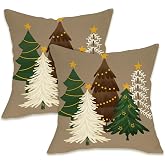 Fahrendom Christmas Tree Pillow Covers Set of 2, 18x18 inch Winter Holiday | Throw Pillow Covers, Farmhouse Green Brown White Pine Trees Gold Star Cushion Covers for Couch Sofa Bed Seasonal Home Decor