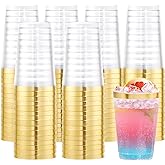 supernal 200pcs 12oz Gold Plastic Cups,Disposabe Cup For Party,Plastic Cocktail Glasses, Clear Tumblers with Gold,Wedding Cups Disposable