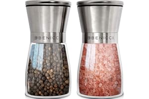 BENICCI Beautiful Stainless Steel Salt and Pepper Grinder Set of 2 - Pepper Mill & Salt Mill with Adjustable Coarseness - Glass Spice Shakers - Easy Clean Ceramic Grinders w/Spoon & Cleaning Brush