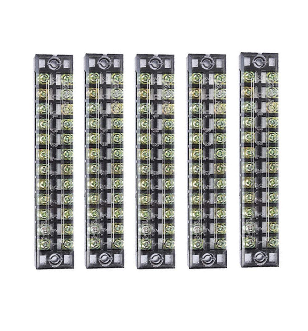 Summer-Home 5Pcs 15A 600V 12 Position Covered Dual Row Screw Terminal Barrier Strip Block Connector Bar
