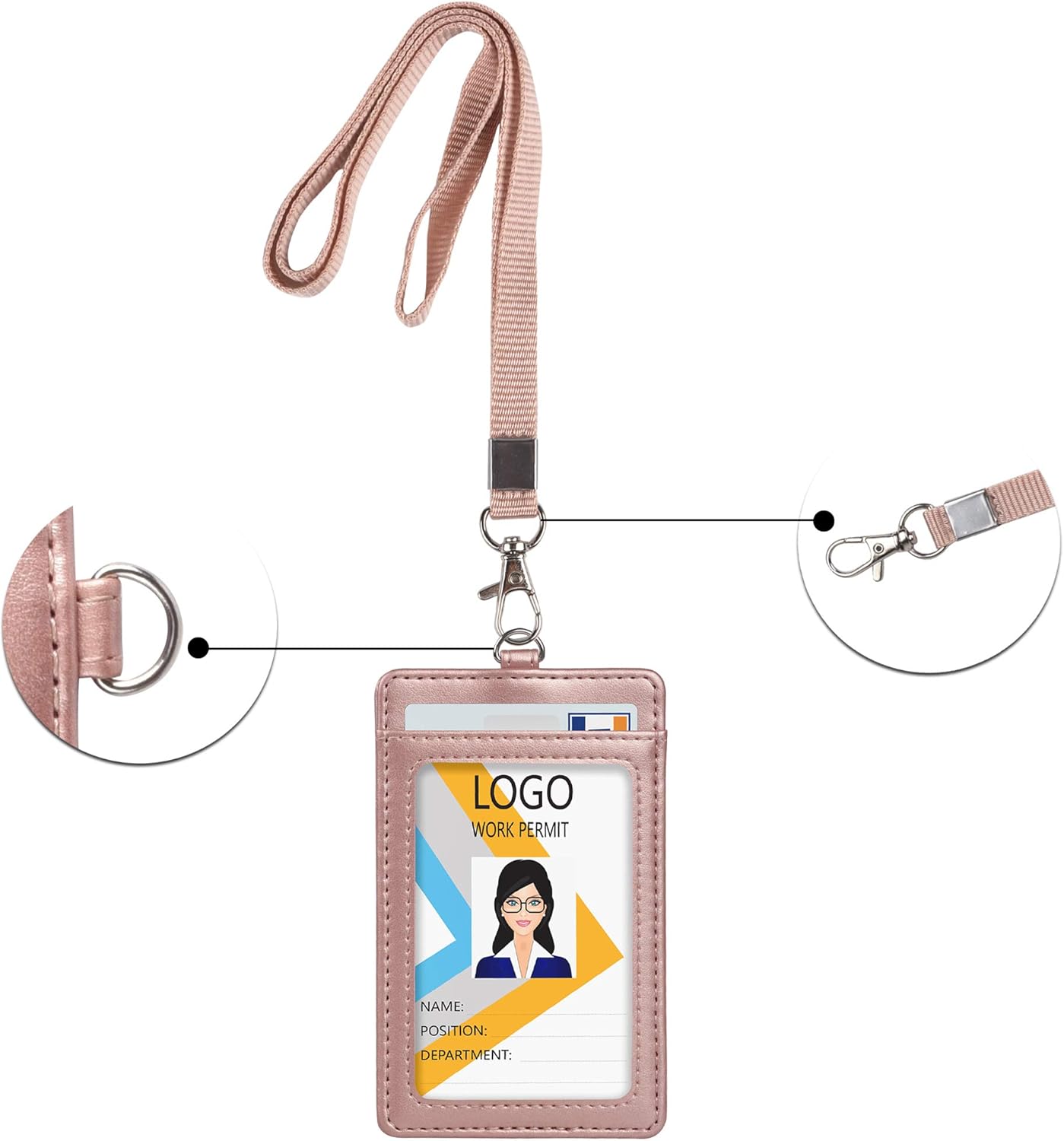 Leather ID Badge Holder, Vertical PU Leather ID Badge Holder with 1 Clear ID Window & 1 Credit Card Slot and a Detachable Neck Lanyard (Rose Gold) : Office Products