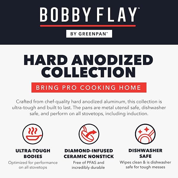 GREENPAN X BOBBY FLAY HARD ANODIZED NONSTICK 10 PIECE COOKWARE SET, PFAS-FREE CERAMIC POTS & PANS, INDUCTION SUITABLE, FRYPANS, SAUCEPANS SAUTE, STOCKPOT, GLASS LIDS, DISHWASHER & OVEN SAFE, BLACK