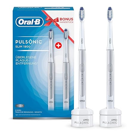 Oral-B Pulsonic Slim 1900 Elektrische Schallzahnbürste mit 2. Handstück, für überlegene Plaque-Entfernung, silber