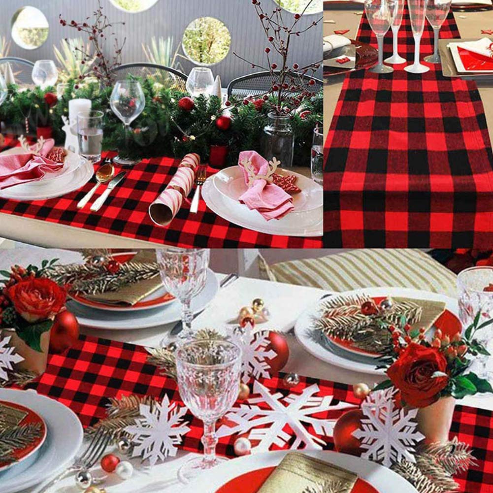 HAKACC Black and Red Buffalo Plaid Table Runner Cotton Burlap Table Runner for Christmas Holiday Birthday Party Table Home Decoration