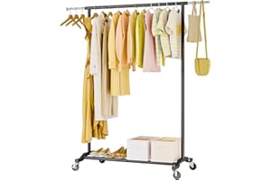 HYSEYY Clothes Rack with Wheels, Clothing Rack for Hanging Clothes with Extendable Rod, Rolling Garment Rack with Shelf Metal Closet racks Coat Rack for Bedroom Laundry Living Room, Black