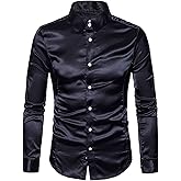 Men's Long Sleeve Button Up Shirt Slim Fit Soft Satin Silky Casual Party Performance Special Occasion Button Down Shirts