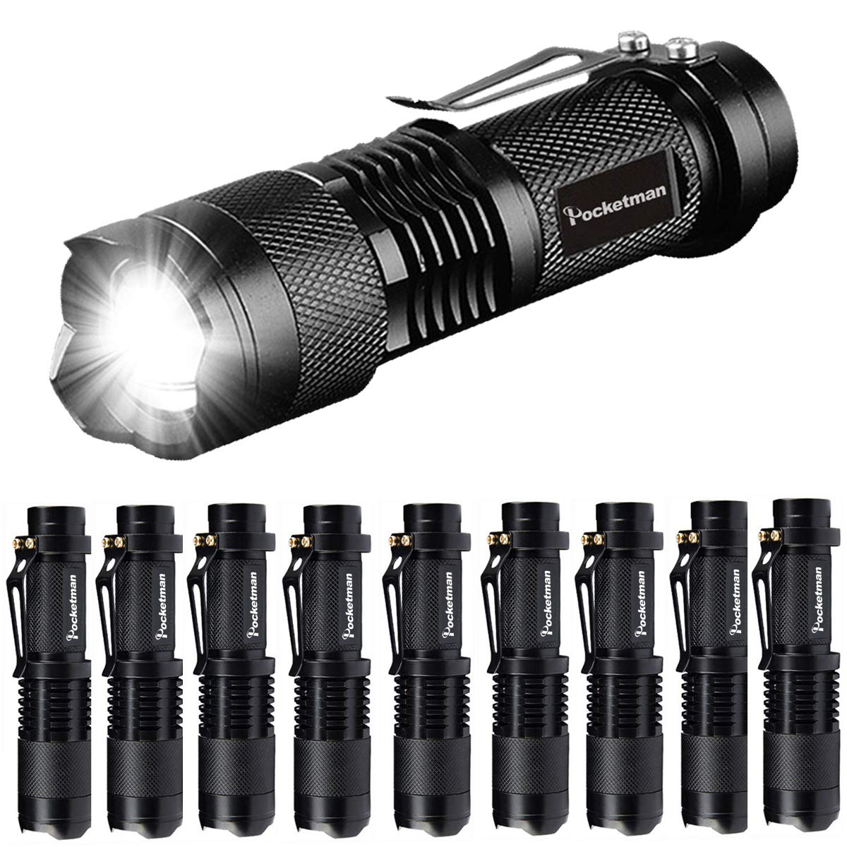 POCKETMAN Mini LED Flashlight - High Lumens Portable Q5 Tactical Lamp, Adjustable Focus Zoomable Light for Gift, Hiking, Camping & Power Outage (10 Pack)