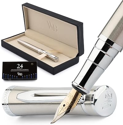 Wordsworth & Black Fountain Pen Set Chrome Finish Gift Box 24 Cartridges