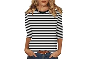 ROKIACDE 3/4 Length Sleeve Womens Tops Plus Size,Basic Elbow Sleeve Workout Top Striped Shirt Crew Neck 3 Quarter Sleeve Tees