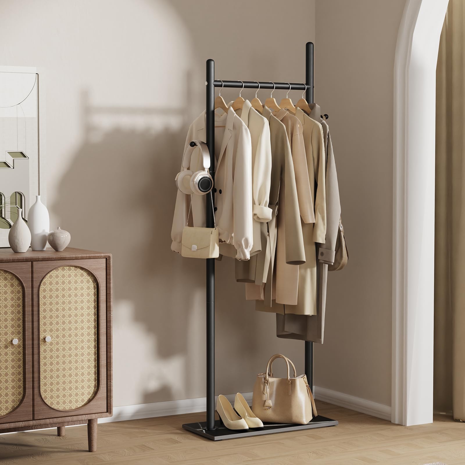 OUTBROS Kleiderständer mit Rock Slab Base, Stehende Kleiderstange aufbewahrung für den Innenbereich-Garderobenständer mit 2 Haken-50cm Breiter, Strapazierfähiger Coat Rack aus Metall (Schwarz) 3