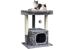 SYANDLVY Cat Tree for Indoor Cats Large Adult, Modern Activity Tower with Scratching Posts, Condo with Plush Perch, Climbing Stand with Spring Ball for Play, Grey