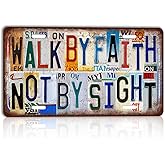 CHCdecor Vintage Walk By Faith Not By Sight Wall Decor License Plate Metal Sign Tin Signs,12x6 Inch Aluminum