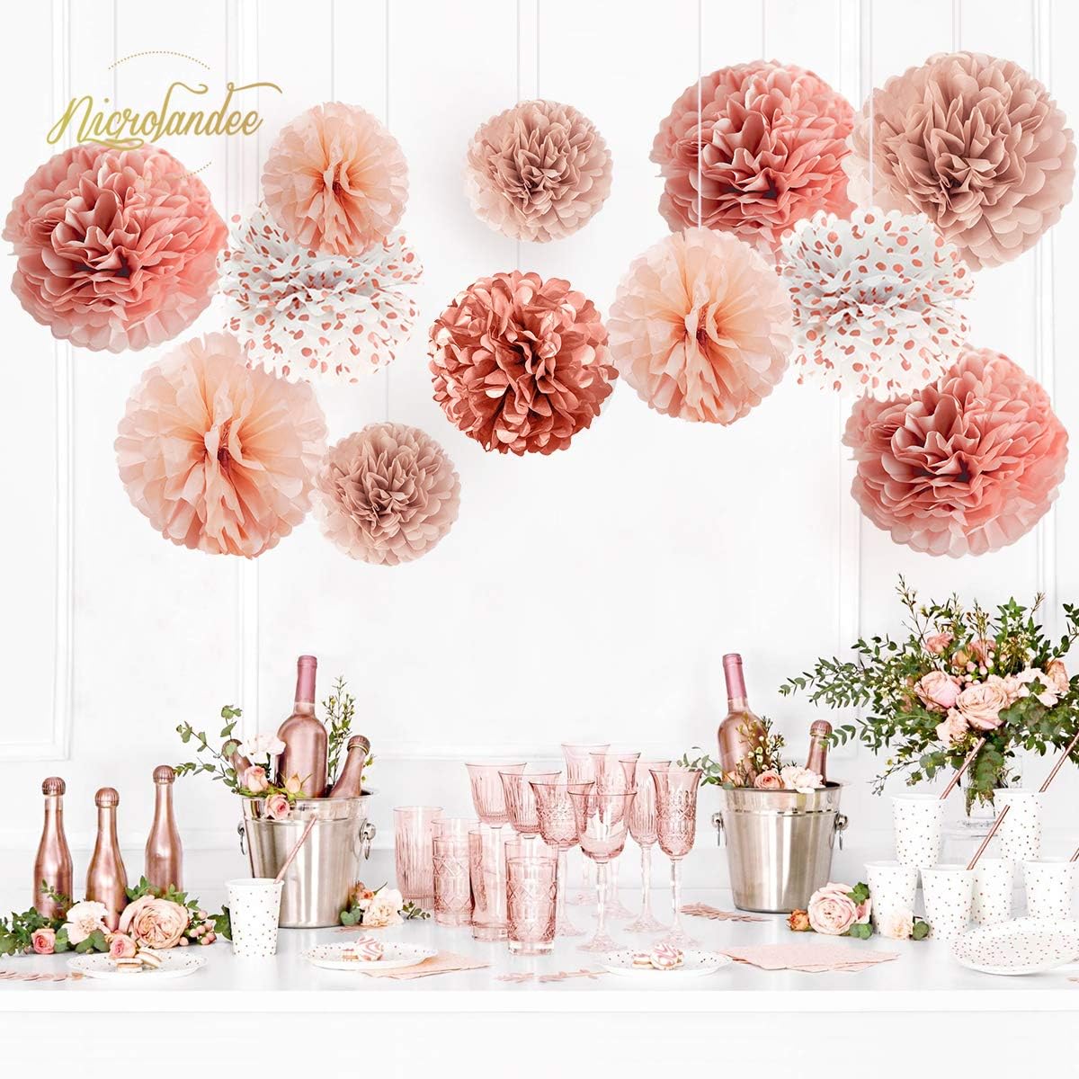 NICROLANDEE Wedding Decorations - 12 PCS Rose Gold Burnt Coral Tissue Paper Pom Poms for Engagement Party Wedding Birthday Bridal Shower Bachelorette Baby Shower Ceiling and Party Backdrop Decor: Health & Personal Care