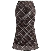 BEAUDRM Women's Plaid Bodycon Midi Skirt Vintage Mesh High Waisted Fishtail Skirts