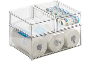 mDesign Plastic Stackable Kitchen Storage Organizer Bin Containers with Front Pull Drawer for Cabinet, Pantry, Fridge, Freeze