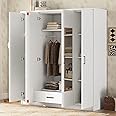 Quarte Modern 4-Door Wardrobe with Drawers, Dressing Mirror and Hanging Rail, Freestanding Armoire Wardrobe Closet,Clothes Storage Cabinet Organizer
