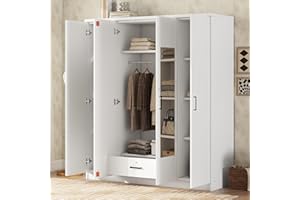 JIVOIT Wardrobe Armoire with 4 Doors, Four-Door Design Mirror Wardrobe with Shelves, Drawers and Hanging Rod, Built-in Dressing Mirror, 68" H Freestanding Wardrobe Cabinet