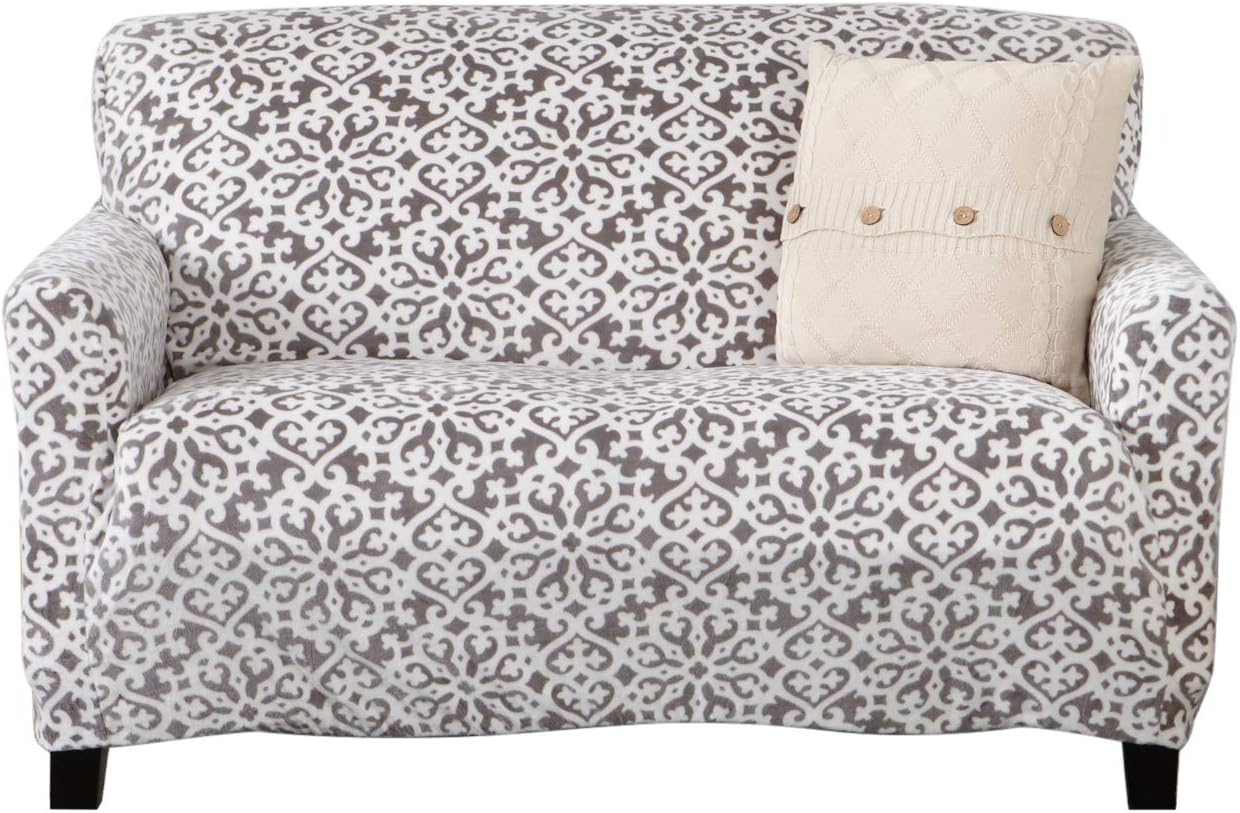 Slipcovers - Great Bay Home Velvet Plush Stretch Loveseat Slipcover. Velvet Loveseat Furniture Protector, Soft Anti-Slip, High Stretch (Loveseat- 2 Seater, Wild Dove Grey - Snowflake)