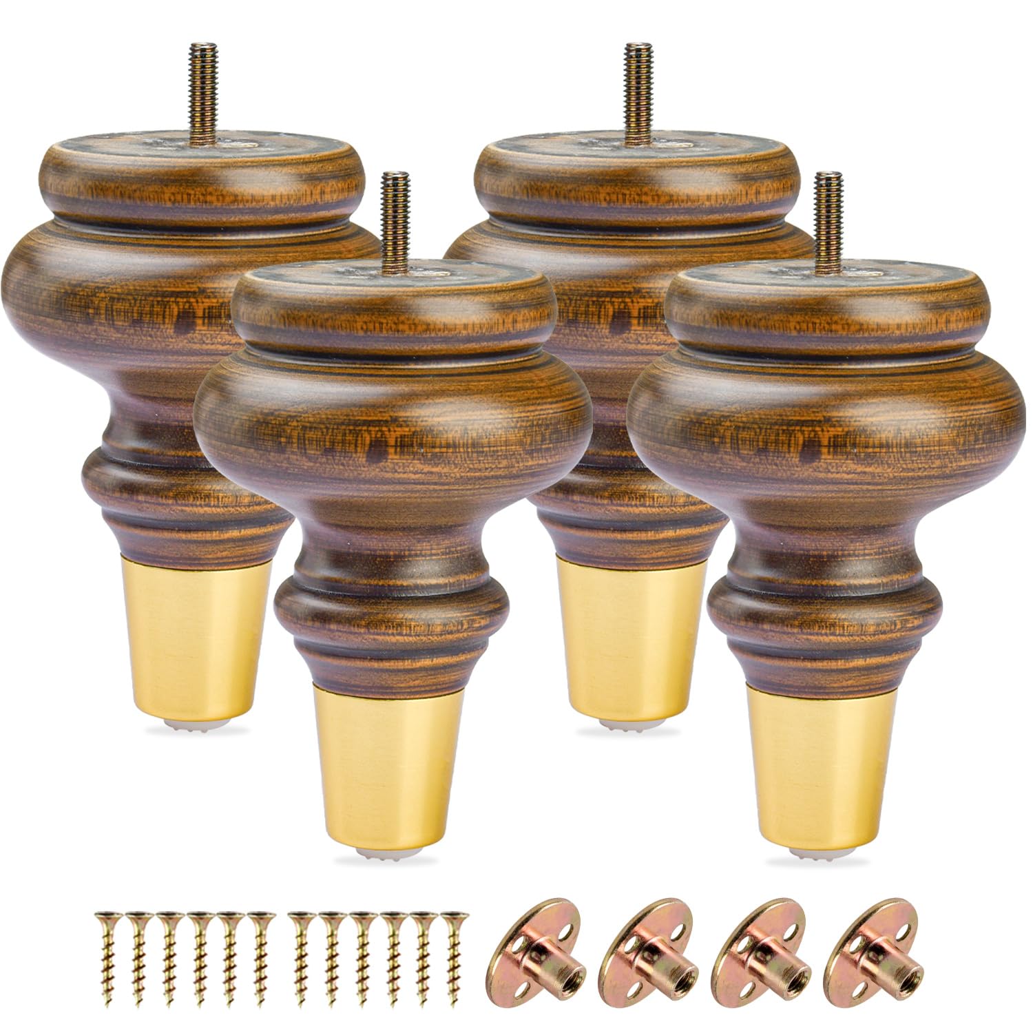 Btowin 5.2 Inch / 13cm Solid Wood Furniture Legs, 4Pcs Glaze Sofa Leegs with Cover Turned Round DIY Replacement Wooden Bun Feet with Mounting Plate & Screws for Sofa Couch Ottoman Chair Sofa