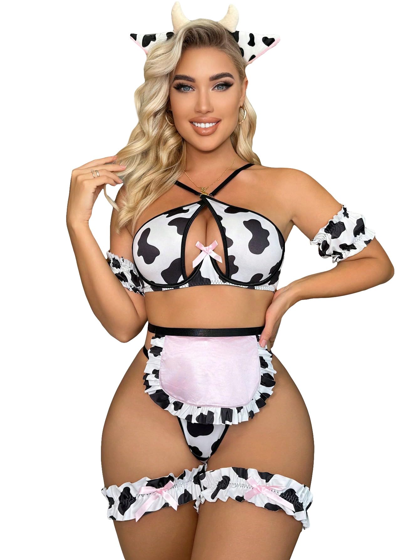 WDIRARA Women's 7 Pieces Cow Print Ruffle Trim Criss Cross Push Up Lingerie Set with Leg Rings