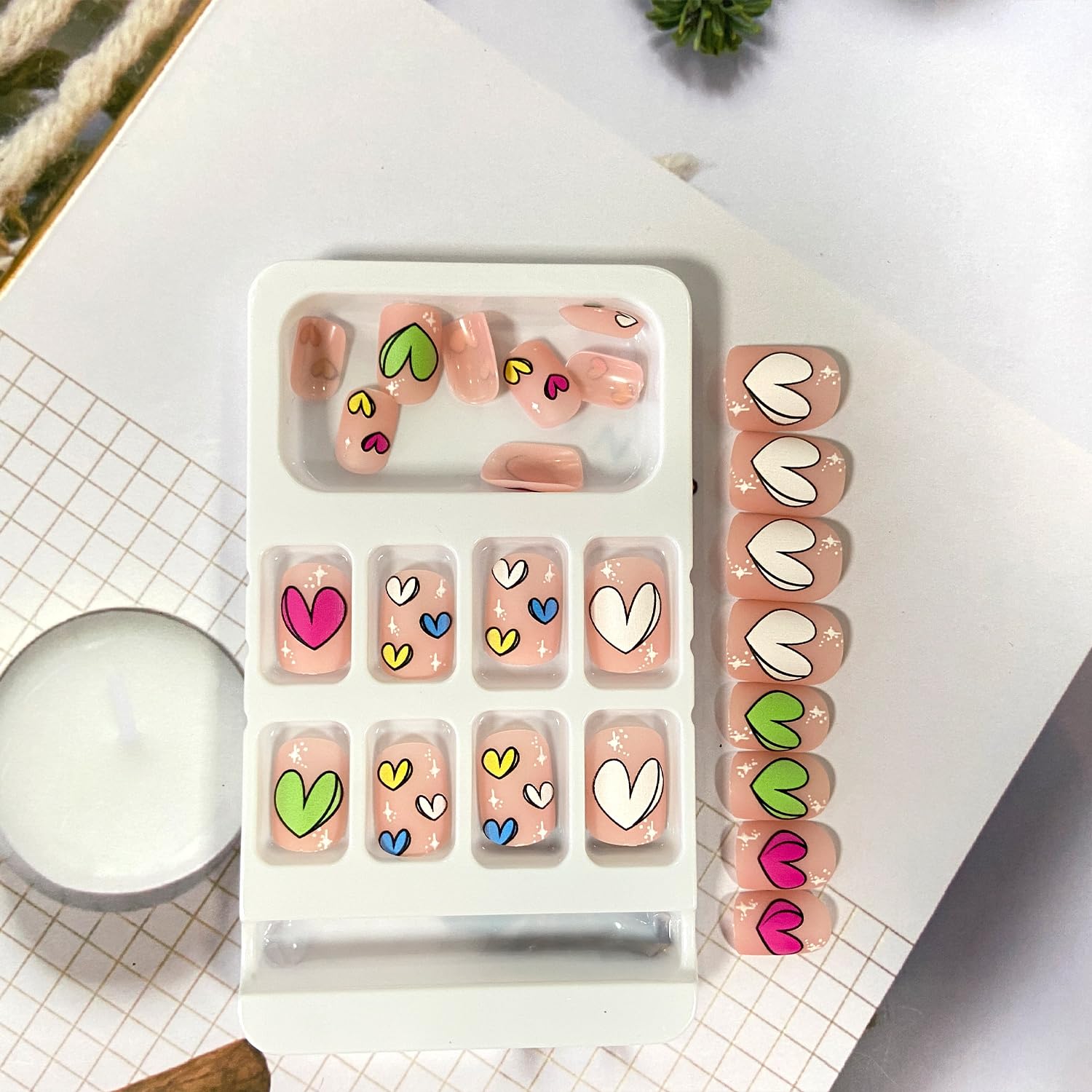Matte Valentine's Day Press on Nails Short Square Fake Nails Colorful Cartoon Heart Acrylic Nails with Design Reusable Stick on Nails Glue on Nails for Women - Image 3
