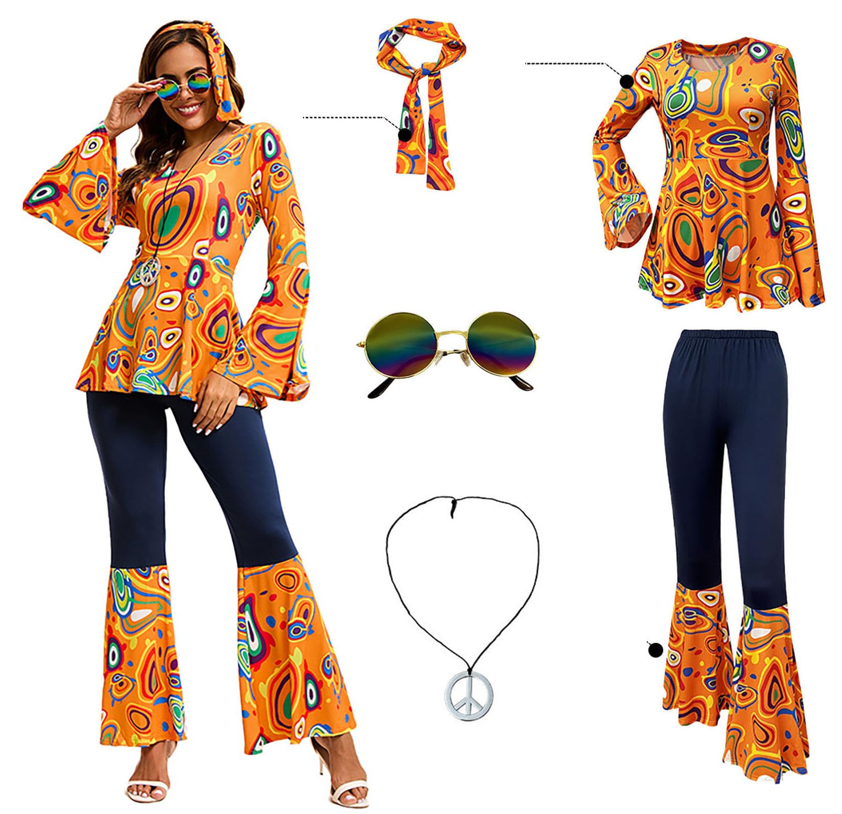 Velcoxplay 60s 70s Hippie Costume Women's Hippie Clothing Flared Trousers for Fancy Dress Costume Disco Party Halloween Carnival Disco Outfit Orange S