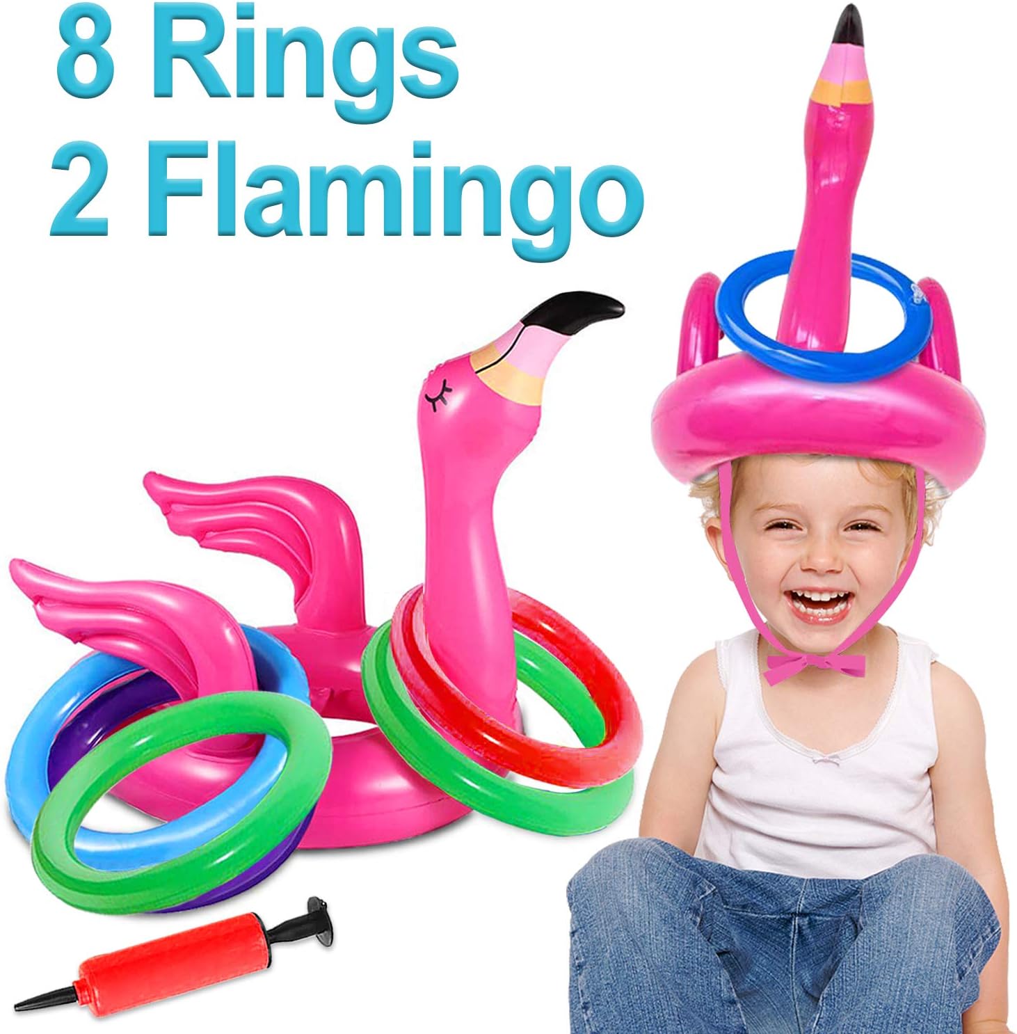 2 Pack Inflatable Flamingo Ring Toss Game Pool Party Toy for Kids, 8 Pieces Inflatable Rings for Pool Beach Luau Party Supplies, Lawn Games for Kids Adults Family Reunion or Summer Get-Together