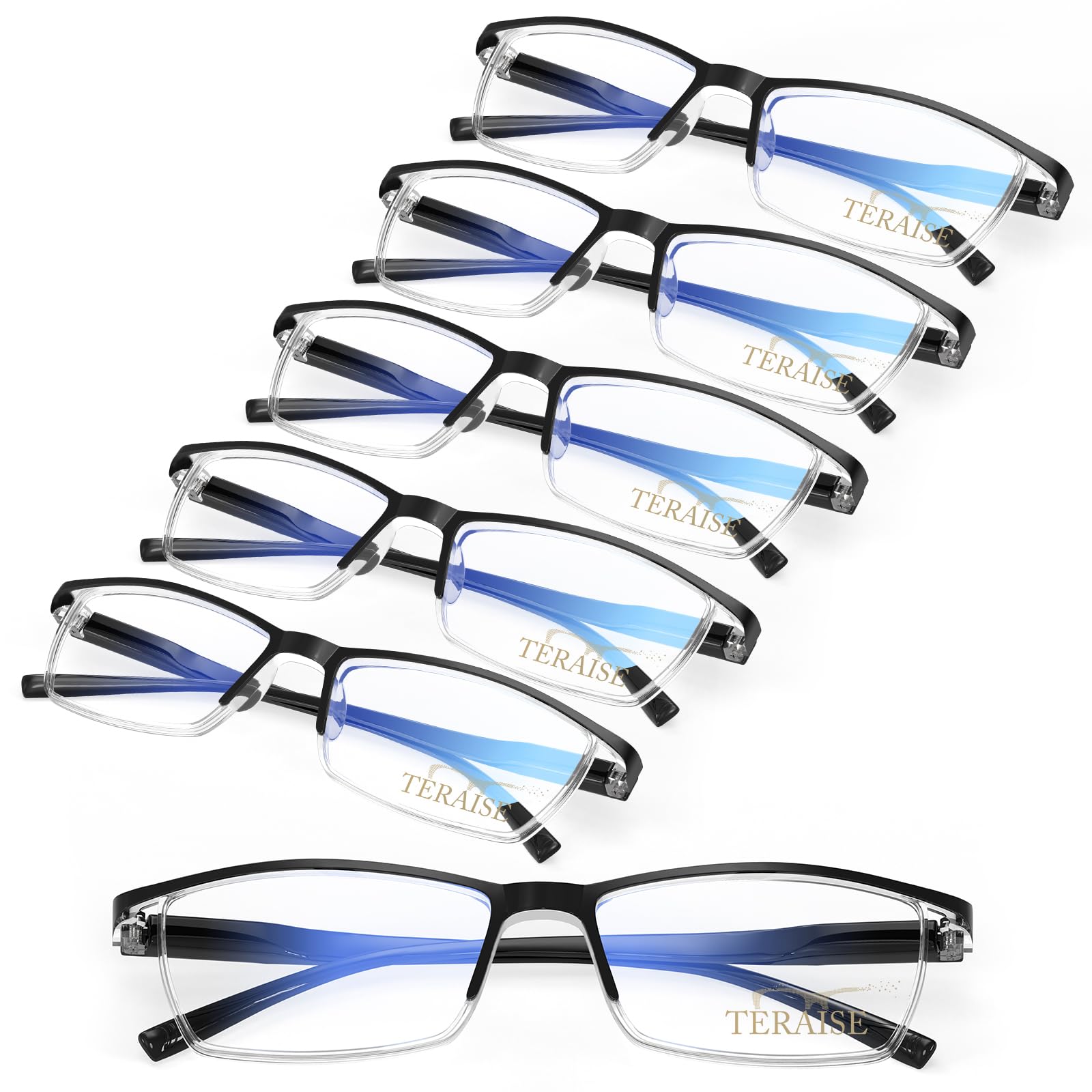 6-Pack Men's Blue Light Blocking Reading Glasses - Rimless Rectangle, Polycarbonate Lenses