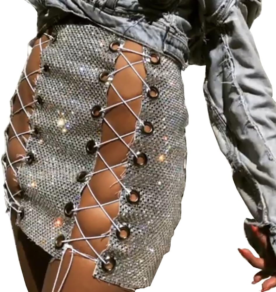Khaleesi Women's Sexy Women Nightclub Lace Up Bandage Hollow Up Waist Leather Skirt Silver