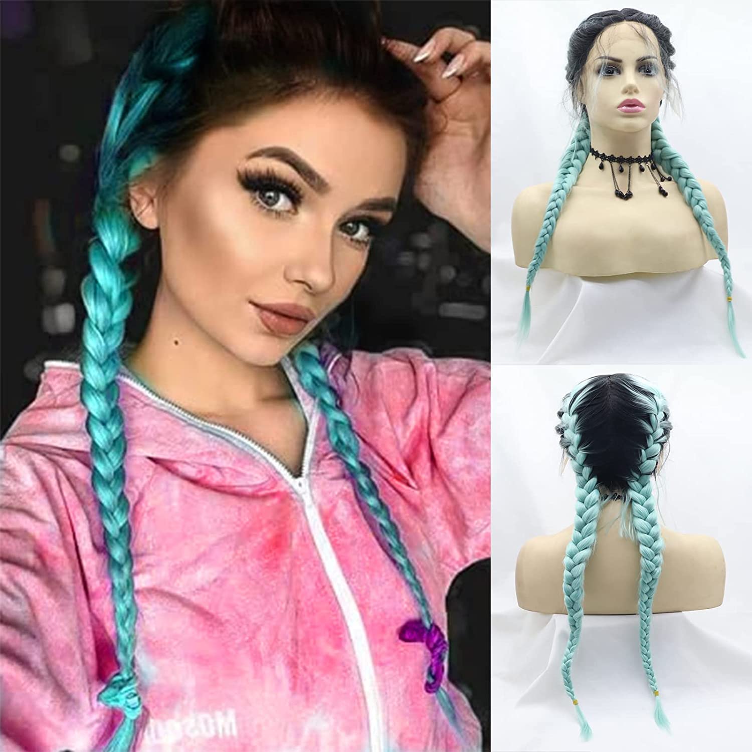 Mint Green Braided Wigs for Women Long Braids Lace Front Wig With Baby Hair Soft Black Blue Color Synthetic Knotless Braided Wig Natural Hairline Glueless Heat Resistant Fiber Hair Cosplay Daily 22”