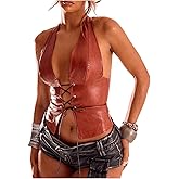 SHENHE Women's PU Leather Lace Up Halter Bustier Top Deep V Backless Sexy Club Rave Crop Top