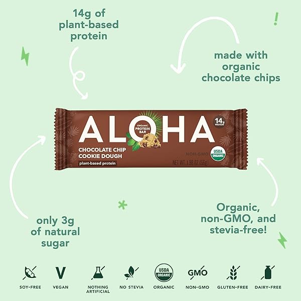 ALOHA ORGANIC PLANT-BASED PROTEIN BAR, CHOCOLATE CHIP COOKIE DOUGH, 1.98 OZ