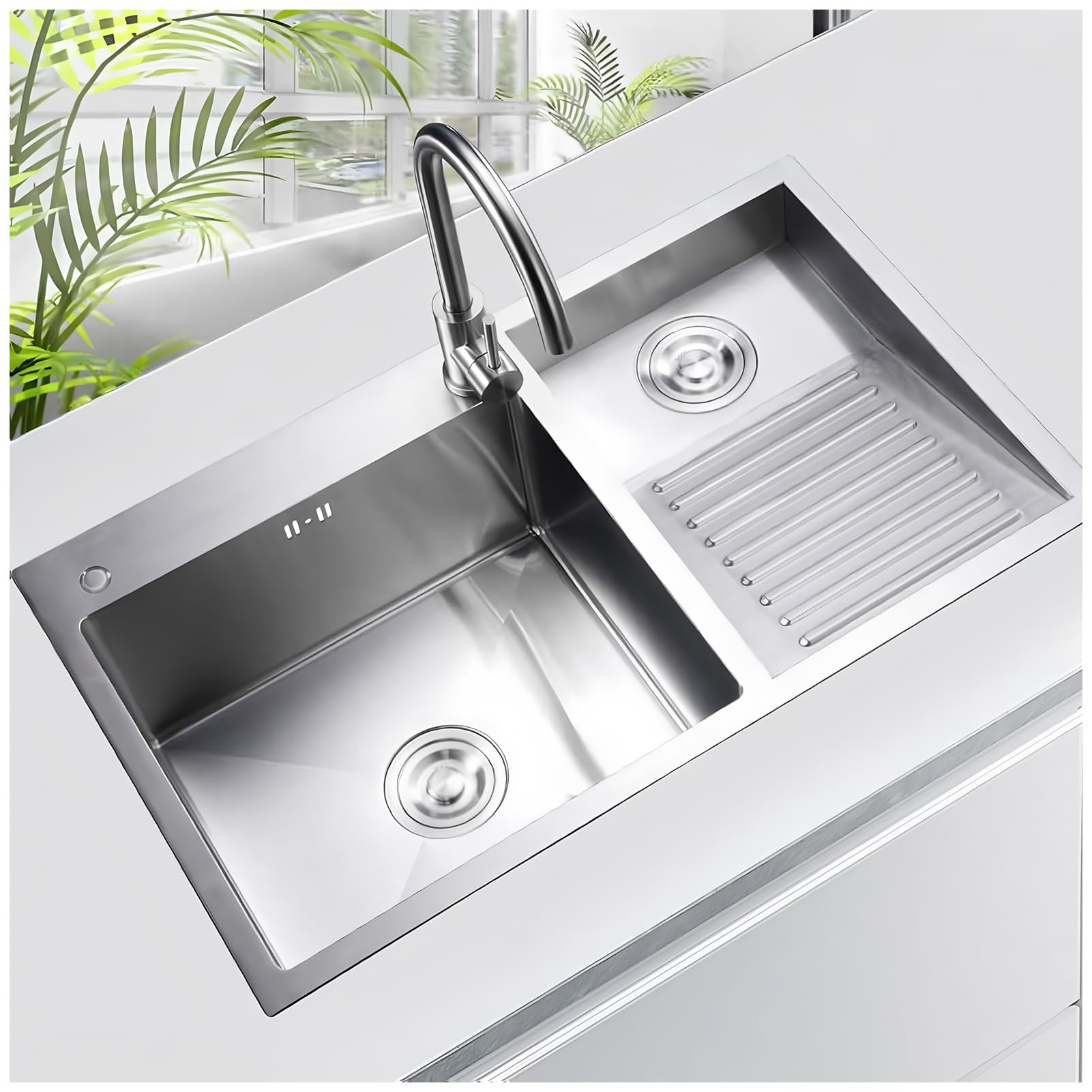 Photo 1 of Stainless Steel Kitchen Sink with Faucet Laundry Utility Sink, Room Wash Basin Easy Clean Double-Bowl, 700mm/27.5Inch