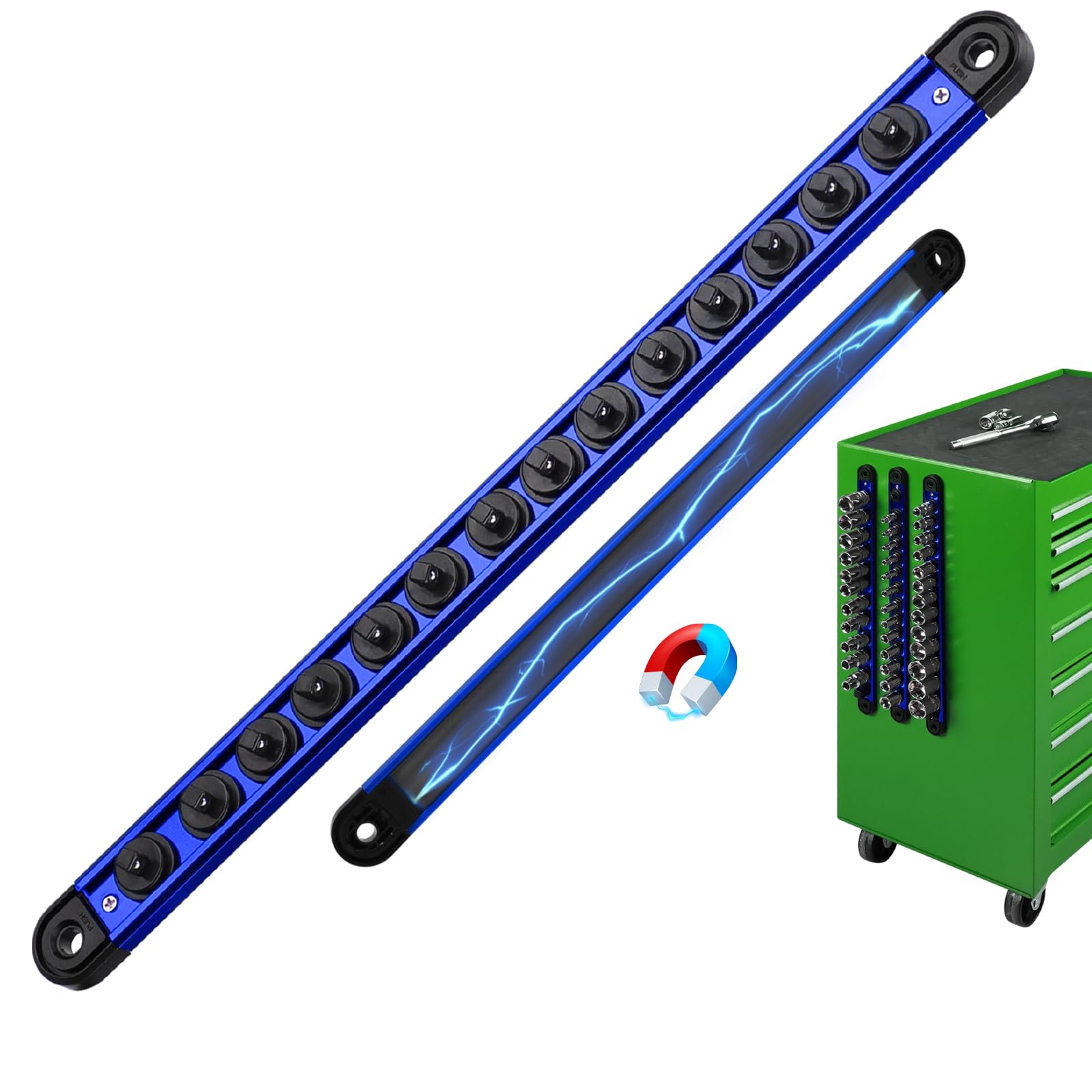 Photo 1 of 1/4-inch Magnetic Socket Organizer Rail, Aluminum Alloy Socket Rail, Heavy Duty Sockets Holder with 14 Clips, 360° Swivel Clip Tool Tray, Sockets Organizer for Tool Box Drawer (Blue)