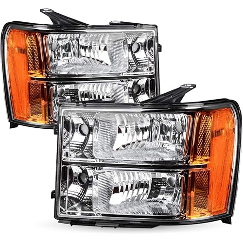 Headlight Assembly Driver and Passenger Side Compatible with 2007-2013 GMC Sierra 1500/2007-2014 GMC Sierra 2500HD 3500HD Chrome Headlights Amber Reflector Replacement Set (Chrome & Amber)