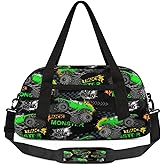 Gym Travel Duffle Bag for Boys - Green Monster Car Trucks Kids Overnighter Weekend Bag with Front Zipper Pocket for School Practice, Teens Carry-On Size Sleepover Bags