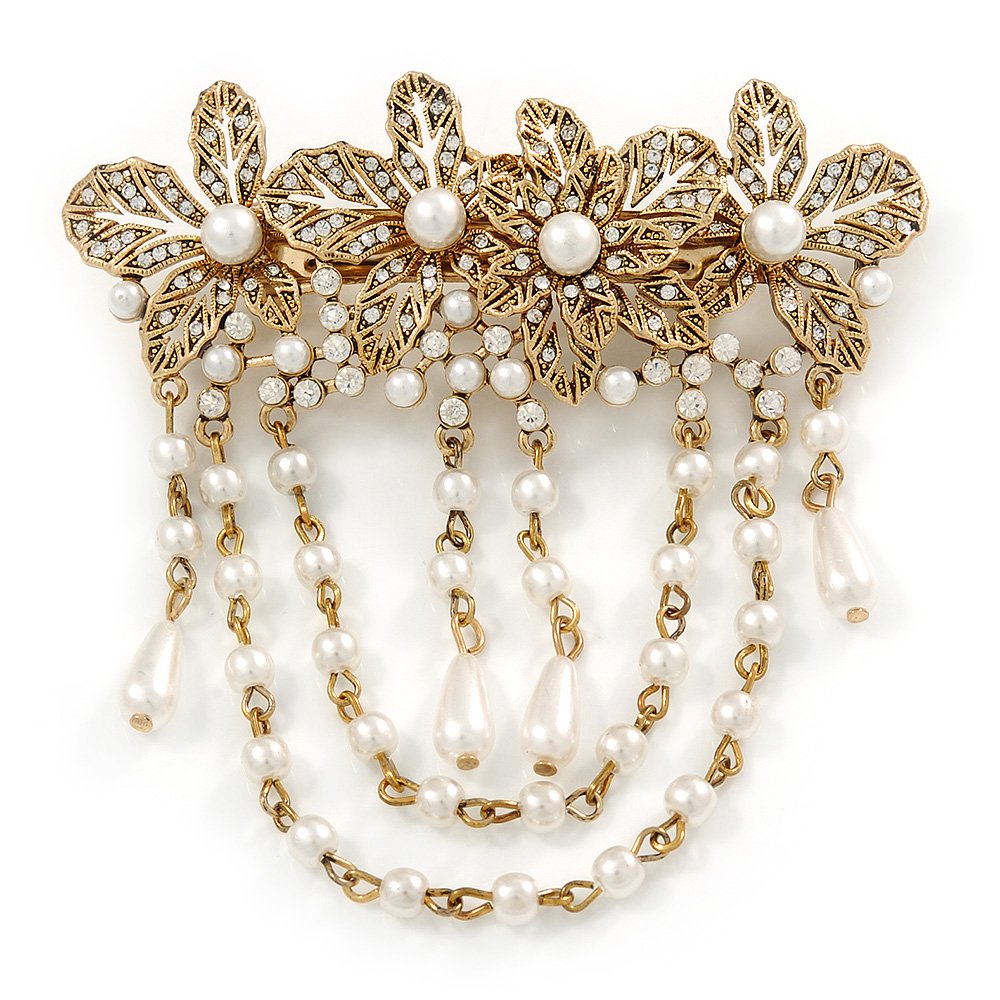 Vintage Inspired Burnt Gold Tone, Clear Crystal, White Faux Pearl Floral Barrette Hair Clip Grip - 95mm Across