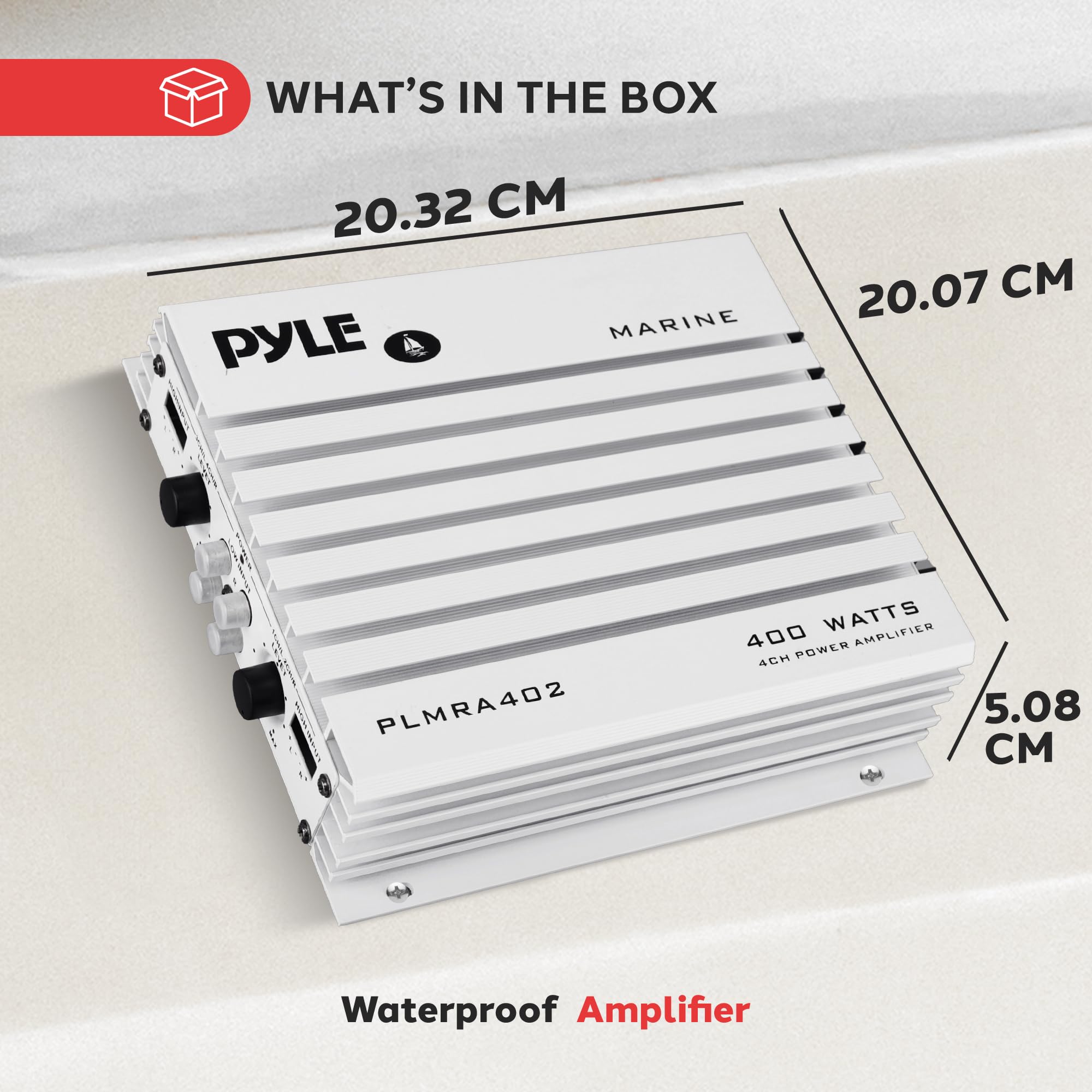 Pyle Hydra Marine 400W 4-Channel Amplifier - Waterproof with Dual MOSFET Power Supply - GAIN level Controls - RCA Input - LED Indicator - Compact Design for Boat/Vehicle Audio - PLMRA402