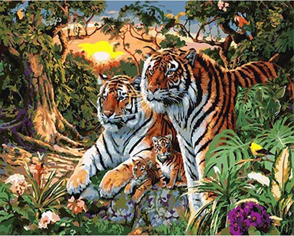 YEESAM ART DIY Paint by Numbers for Adults Beginner Kids, Tigers Forest Sunset View 16x20 inch Linen Canvas Acrylic Stress Less Number Painting