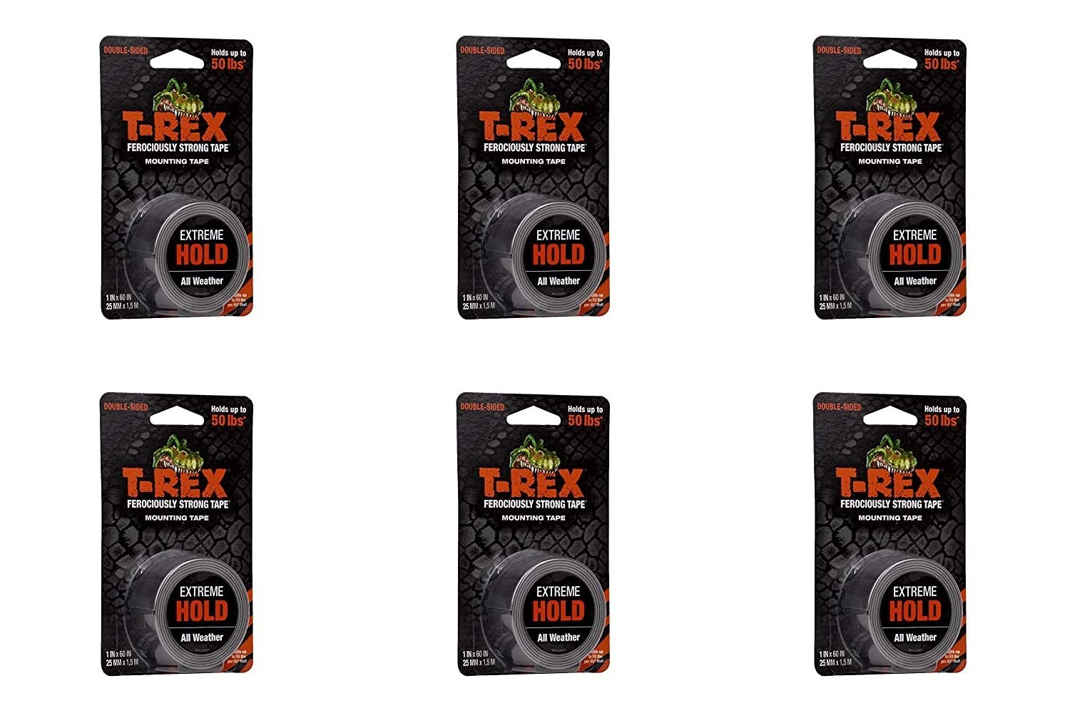 T-REX Tape Extreme Hold Heavy Duty Double Sided Mounting Tape Black, Holds up to 50lbs, 25mm x 1.5m, Pack of 6