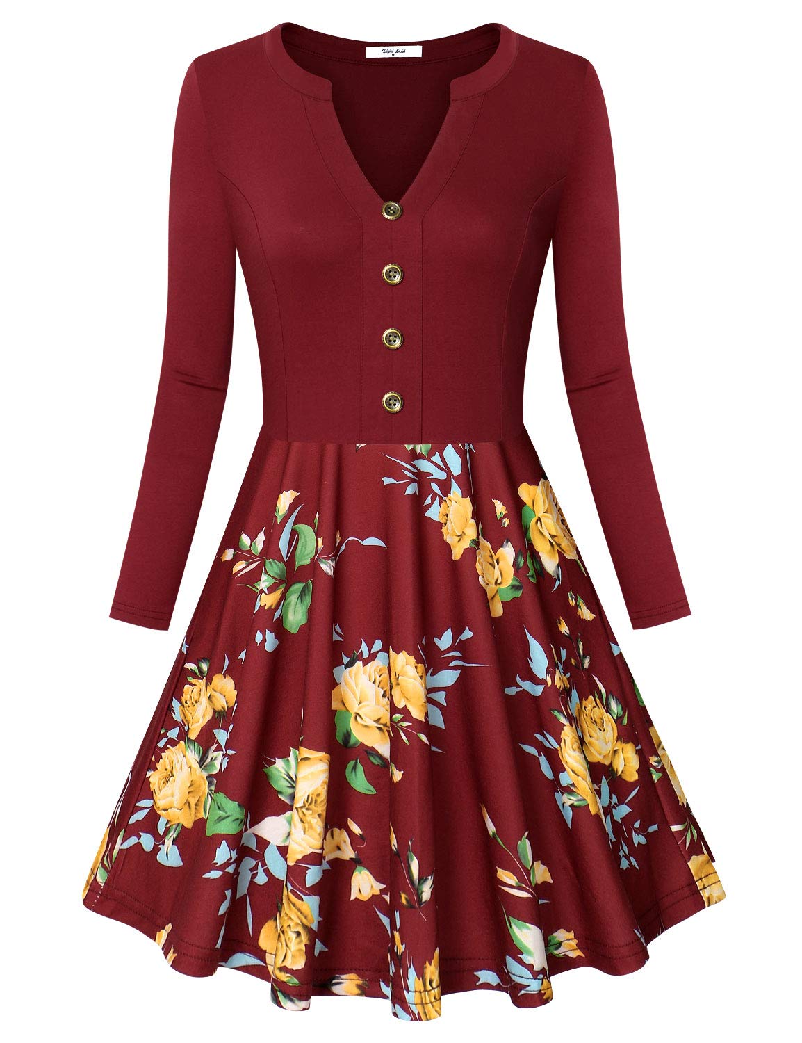 Diphi LiLi Dresses for Women, Ladies Classy 1950s Vintage Dresses V-Neck Loose Fit and Flare Fall Work Dresses for Women Chrysanthemum Yellow XX-Large