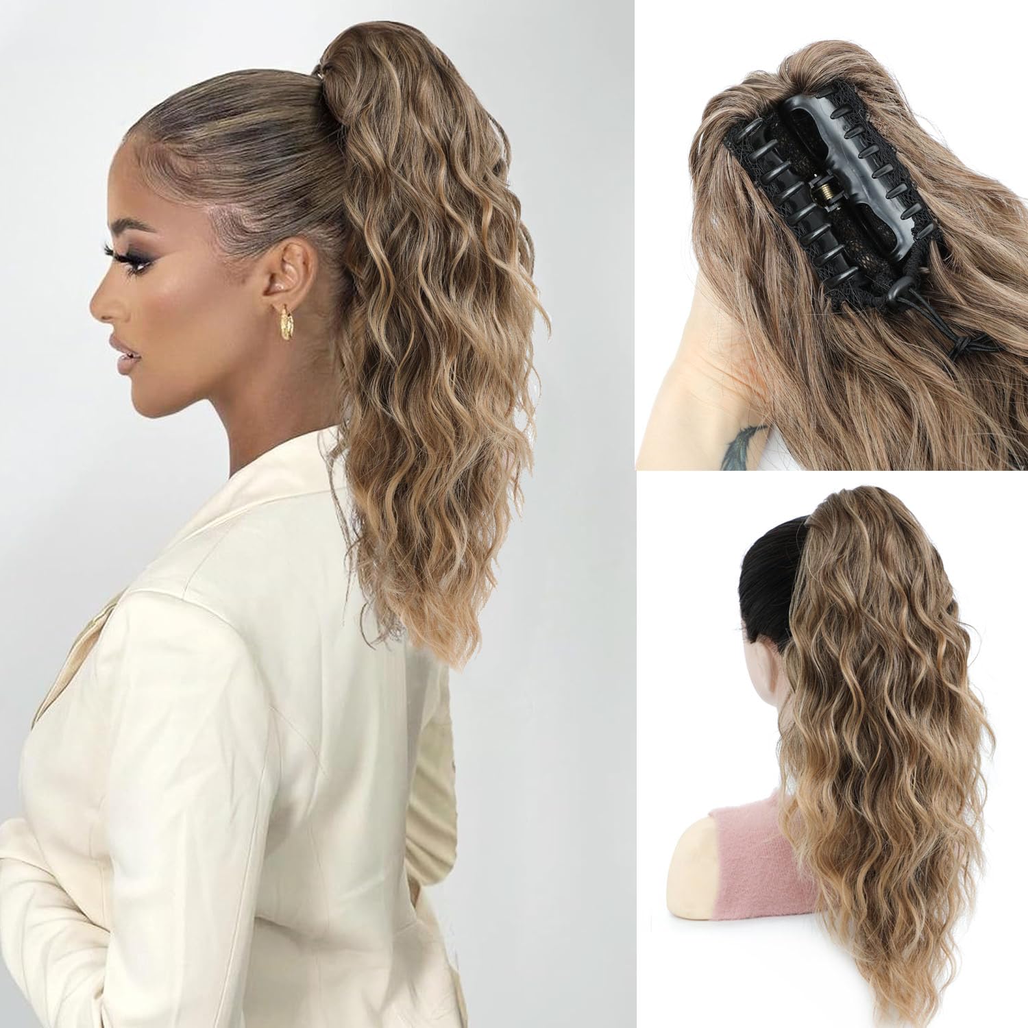 FINE PLUS Ponytail Extension Claw Clip - Curly Wave Synthetic Ponytail Hairpiece - 18inch - Rich Brown — image 1