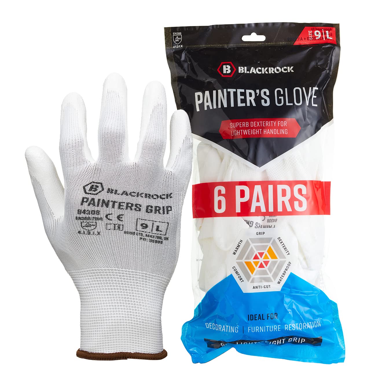 Blackrock Pack Of 6 Pairs Lightweight Painter's PU Grip Safety Work Gloves, Mens Womens Sensitive Precision Working, Ideal For Painting & Decorating, Electronics, Assembly, Handling - Size Large