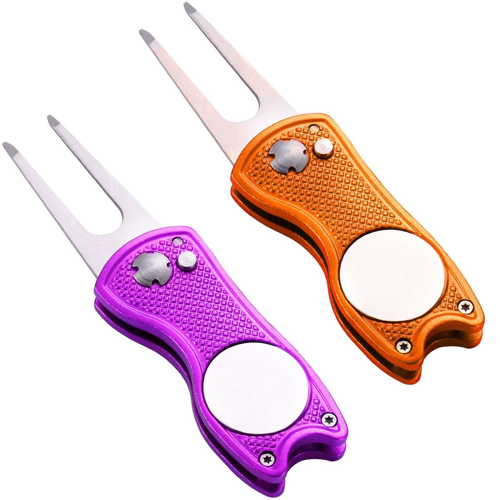 Yizerel 2 Pack Metal Foldable Golf Divot Tool with Pop-up Button & Magnetic Ball Marker (Pack of 2, Fish Design)