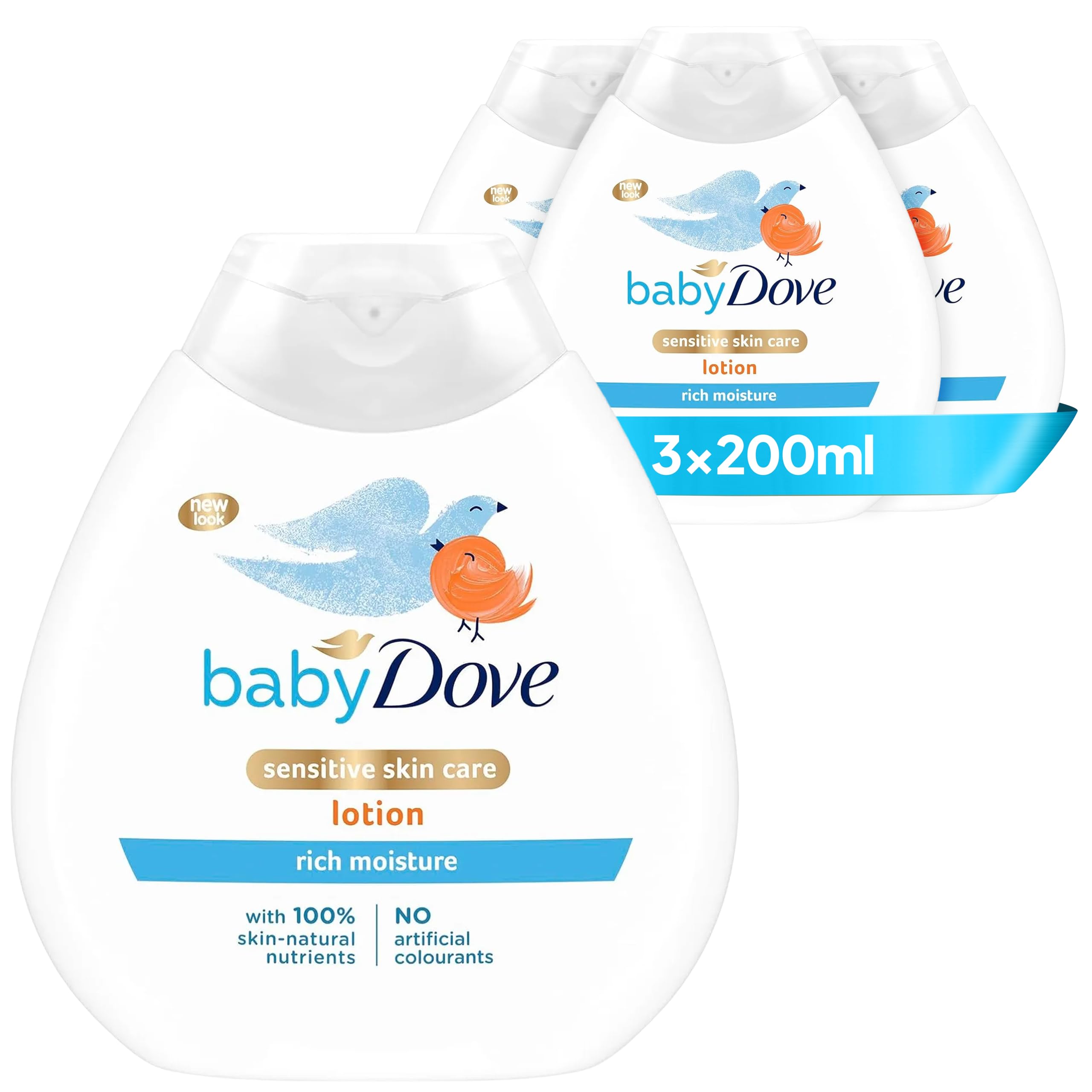 Baby Dove Rich Moisture Baby Lotion - Soothing & Nourishing for Newborns & Infants, Gentle Moisturiser for Dry, Sensitive Skin, Daily Skincare with Delicate Scent, All-Day Hydration - 200ml, Pack of 3