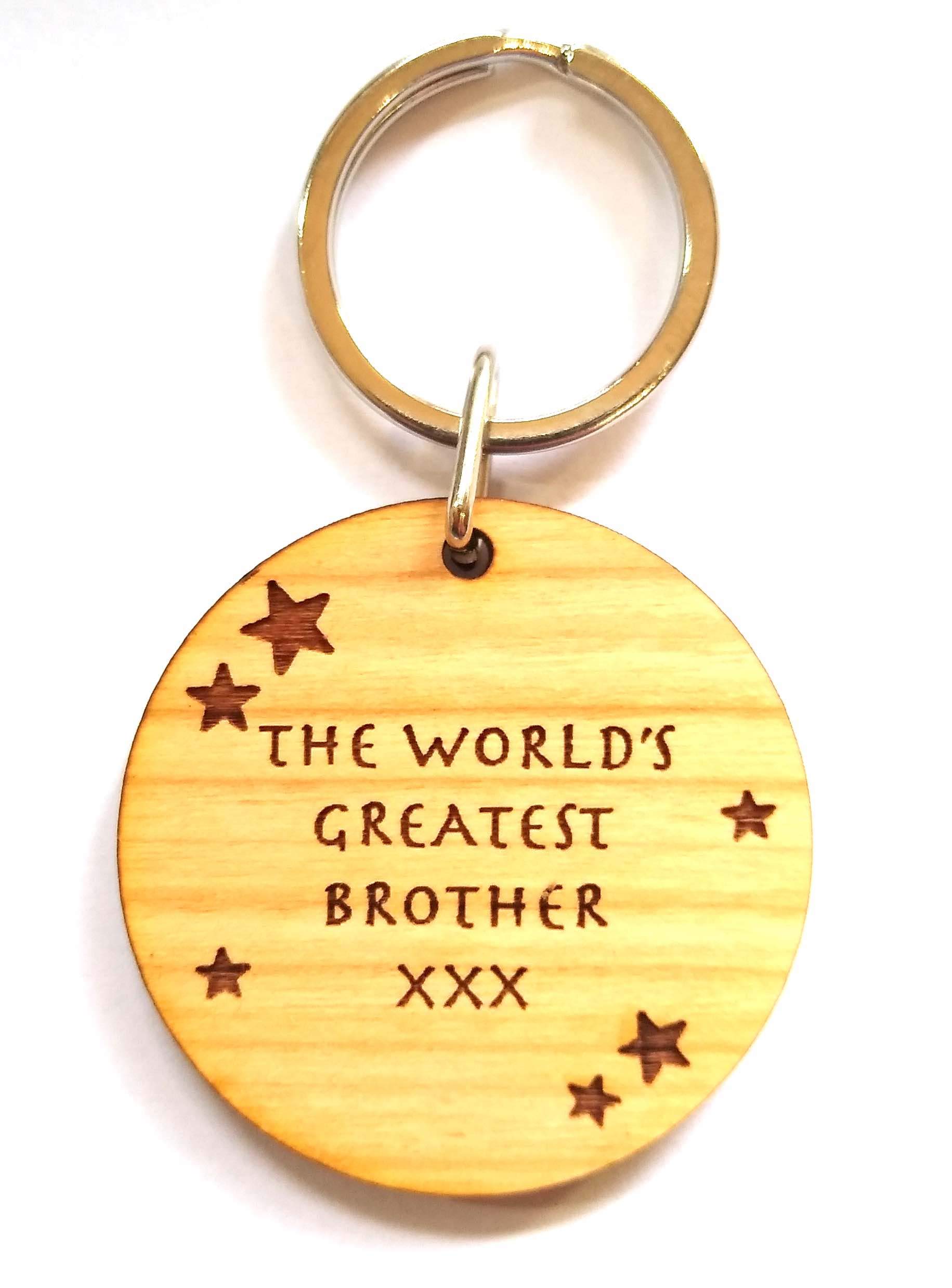 The Worlds World's Greatest Brother Round Solid Cherry Wood Wooden Keyring Key Ring for Him