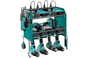 CCCEI Modular Power Tool Organizer Wall Mount with Charging Station. Garage Drill Storage Shelf with Hooks, Heavy Duty Rack, Tool Battery Holder Built in 8 Outlet. Gift for Men. Navy Blue, 1 Pack.