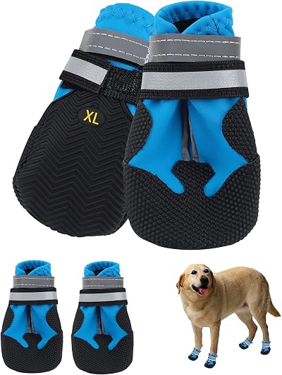 Jodsen Dog Boots Set of 4 Waterproof Shoes Reflective Straps XL Blue