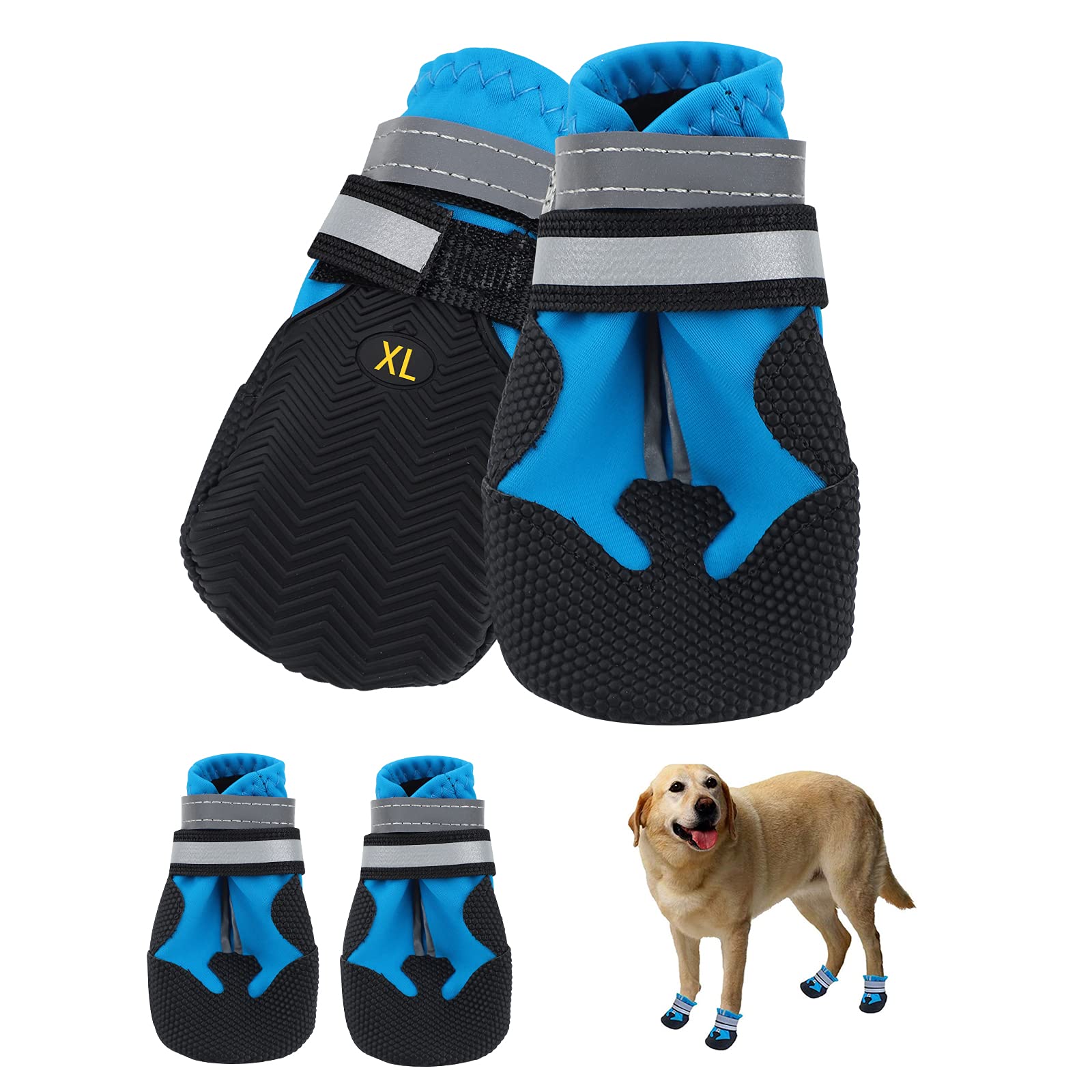 Dog Boots, Set of 4 Waterproof Dog Shoes with Reflective Straps Anti-Slip Sole Outdoor Paw Protectors Puppy Shoes for Small Medium Dogs Autumn Winter (Blue, XL)