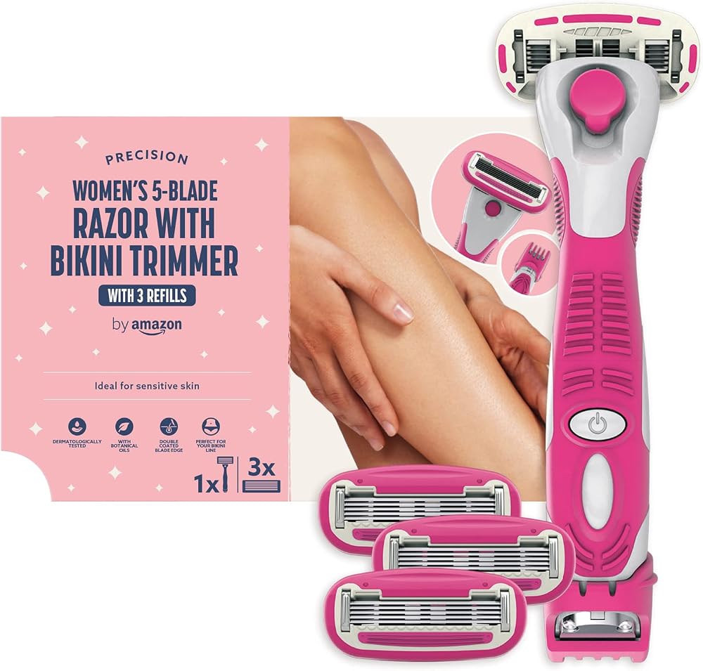 by Amazon Women 5 Blade Razor with 3 in 1 Trimmer Pink 4 Refills